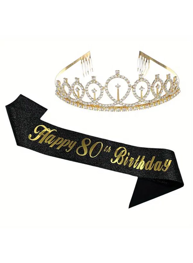 80th Birthday Happy Birthday Sash And Crown Set Elegant Black Gold Party Decorations Photo Booth Props - Image 1