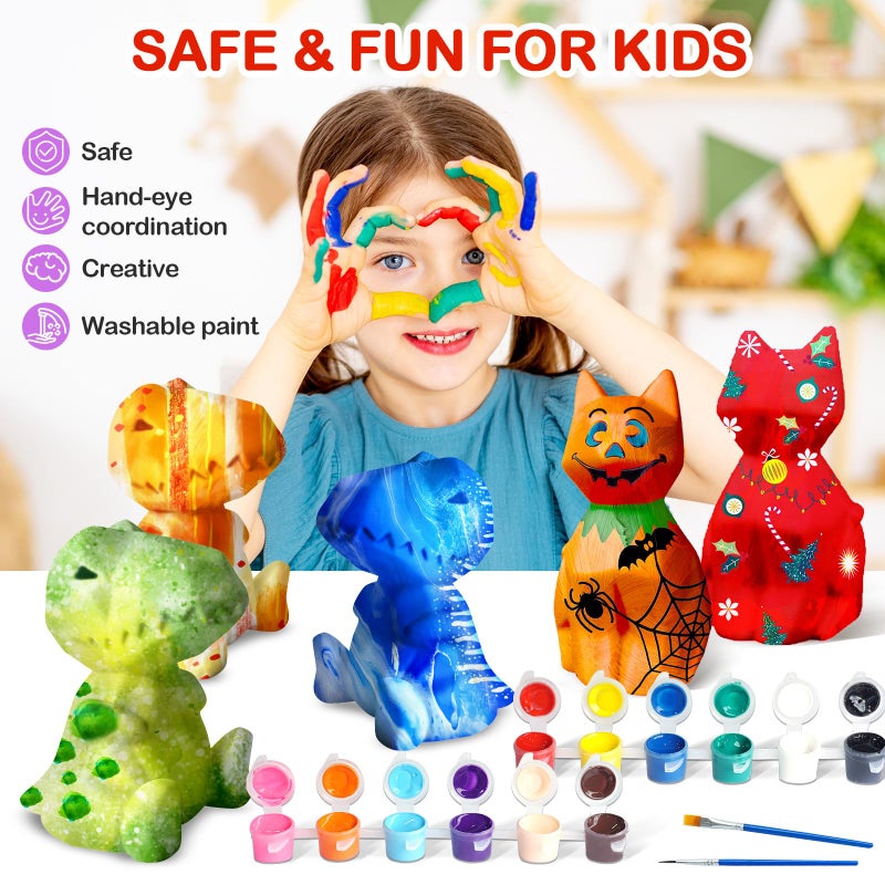 Goody King Paint Your Own Cat & Dinosaur Lamp Art Kit 2pcs, DIY Night Light, Christmas Crafts for Teens, Painting Kit for Girls Boys Age 4 5 6 7 8+, Art Supplies Cat Craft Gift for Birthday, Party - Image 3