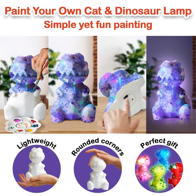 Goody King Paint Your Own Cat & Dinosaur Lamp Art Kit 2pcs, DIY Night Light, Christmas Crafts for Teens, Painting Kit for Girls Boys Age 4 5 6 7 8+, Art Supplies Cat Craft Gift for Birthday, Party - Image 5
