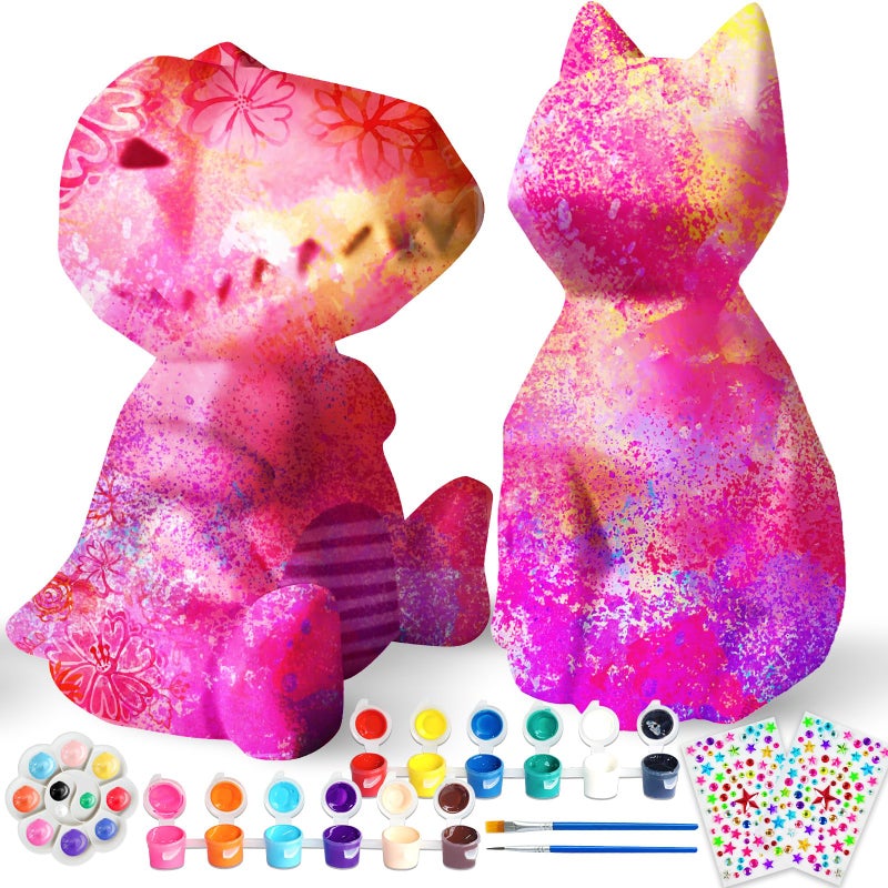 Goody King Paint Your Own Cat & Dinosaur Lamp Art Kit 2pcs, DIY Night Light, Christmas Crafts for Teens, Painting Kit for Girls Boys Age 4 5 6 7 8+, Art Supplies Cat Craft Gift for Birthday, Party - Image 1