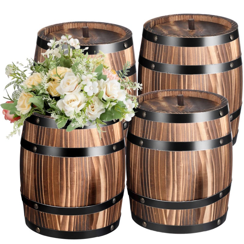 GlikCeil 4 Pcs Wood Wine Barrel Vase Vintage Flower Vase Container Rustic Barrel Planter for Wedding Reception Table Decoration Home Indoor Outdoor Garden Kitchen Party (8 x 6.5 Inch) - Image 1