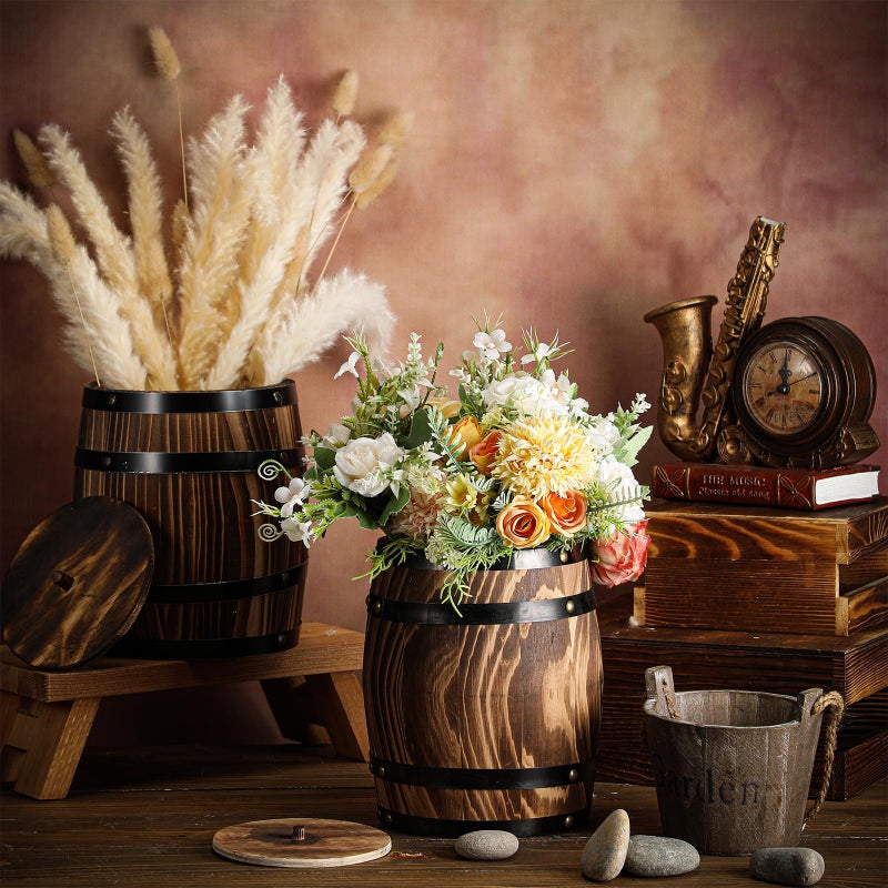 GlikCeil 4 Pcs Wood Wine Barrel Vase Vintage Flower Vase Container Rustic Barrel Planter for Wedding Reception Table Decoration Home Indoor Outdoor Garden Kitchen Party (8 x 6.5 Inch) - Image 3