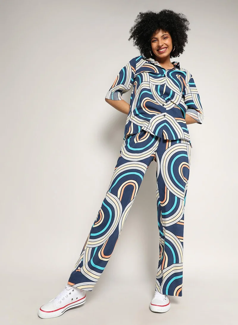 PINACOLADA PINACOLADA Women's Indigo Blue Contrast Lined Co-Ord Set For Casual Wear | Spread Collar | Regular Sleeves | Button Closure | Co-Ords Crafted With Comfort Fit For Everyday Wear