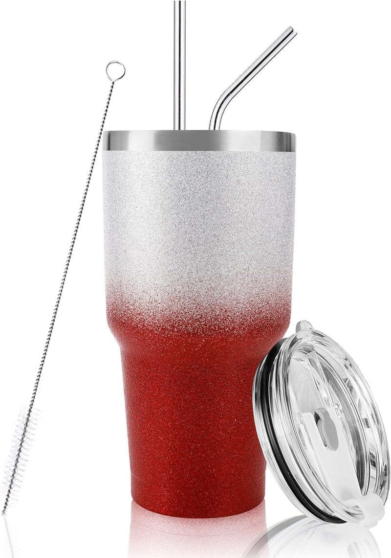 DS 30 oz Tumbler Christmas Red Glitter Gradient Cup Stainless Steel Double Wall Vacuum Insulated Mug with Straw and Lid, Cleaning Brush for Cold and Hot Beverages - Image 1