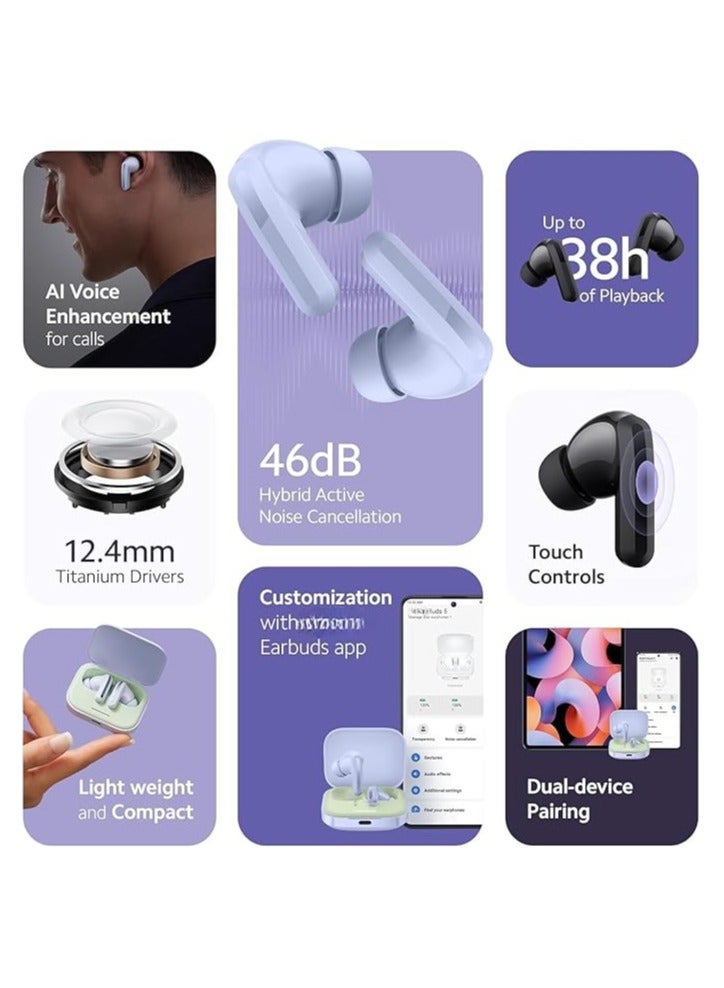 REBENUO Buds 5 Wireles Earbuds, Bluetooth 5.3 in-Ear Headphones, 46dB Active Noise Cancellation, Up to 40H Battery, Dynamic Driver, 5ATM Waterproof - White  - Image 2