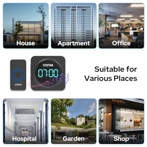 Costar Door Bell - Calling Bell Wireless with 24-Hour Time Display, Wireless Doorbell for Home, 1000ft Range Operating with 58 Chimes, 5 Levels Adjustable Volume(Pebble 700 Black) - Image 5