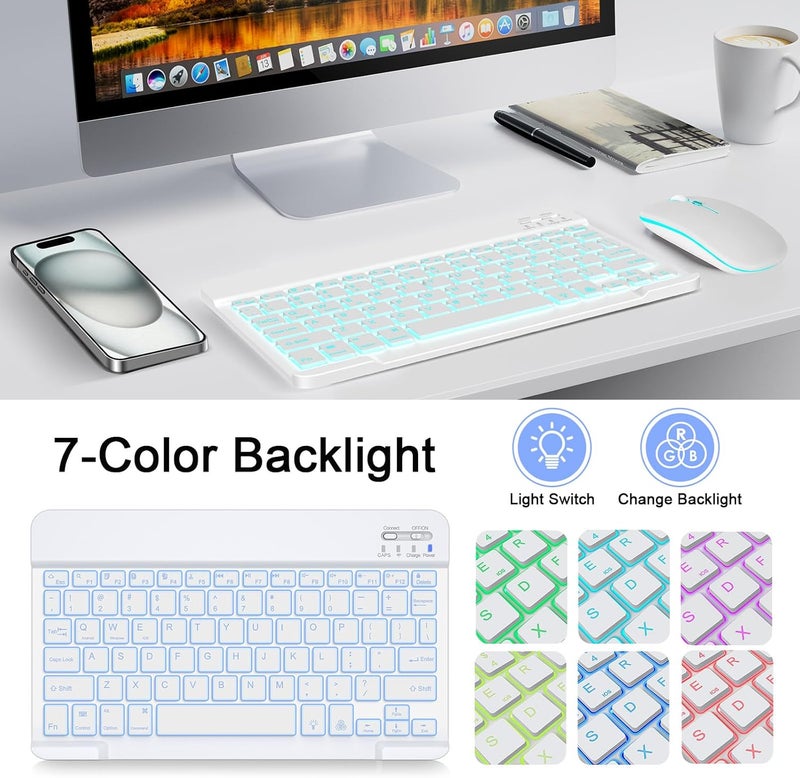 Nsyee Wireless Keyboard and Mouse Combo, Rechargeable Bluetooth Keyboard & Mouse with 7 Color Backlit and 2.4 GHz Wireless USB Receiver, Compatible with Phone, iPad, PC, Laptop, Windows/iOS/Android, White - Image 3