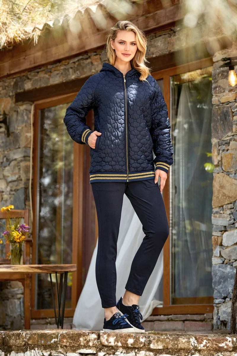 Cossy By Aqua 24371 Women's Quilted Tracksuit Set-Navy Blue