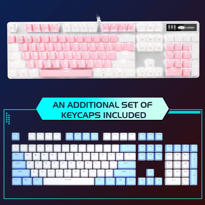 MageGee Mechanical Gaming Keyboard, New Upgraded Blue Switch 104 Keys White Backlit Keyboards, USB Wired Mechanical Computer Keyboard for Laptop, Desktop, PC Gamers(White & Pink) - Image 5