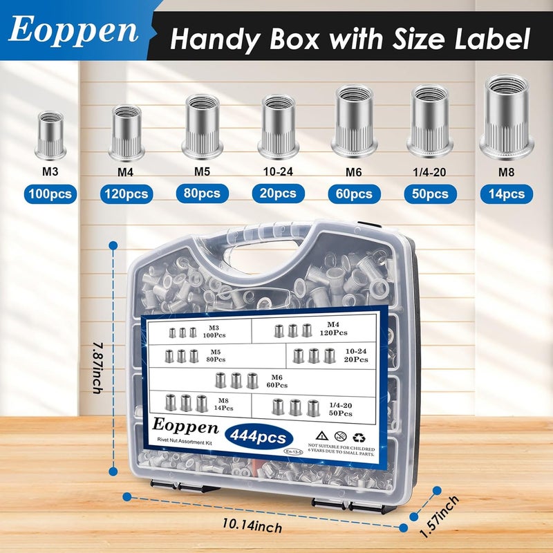 Eoppen Rivet Nut Tool Kit, Rivnut Tool Kit with 7 SAE and Metric Mandrels (10-24, 1/4-20, M3, M4, M5, M6, M8) and 444Pcs Rivet nut Assortment Kit with Rugged Carrying Case - Image 4