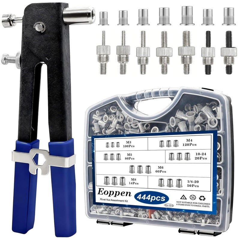 Eoppen Rivet Nut Tool Kit, Rivnut Tool Kit with 7 SAE and Metric Mandrels (10-24, 1/4-20, M3, M4, M5, M6, M8) and 444Pcs Rivet nut Assortment Kit with Rugged Carrying Case - Image 1