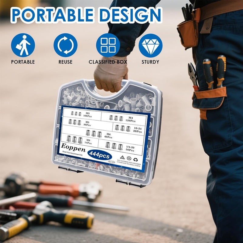 Eoppen Rivet Nut Tool Kit, Rivnut Tool Kit with 7 SAE and Metric Mandrels (10-24, 1/4-20, M3, M4, M5, M6, M8) and 444Pcs Rivet nut Assortment Kit with Rugged Carrying Case - Image 2