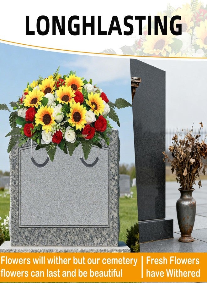 زهور اصطناعية للمقابر من لودو، زينة شواهد قبور على شكل سرج، سرج زهور كبير لشاهد القبر، زهور تذكارية من الورد وعباد الشمس (أحمر وأبيض) - Image 3