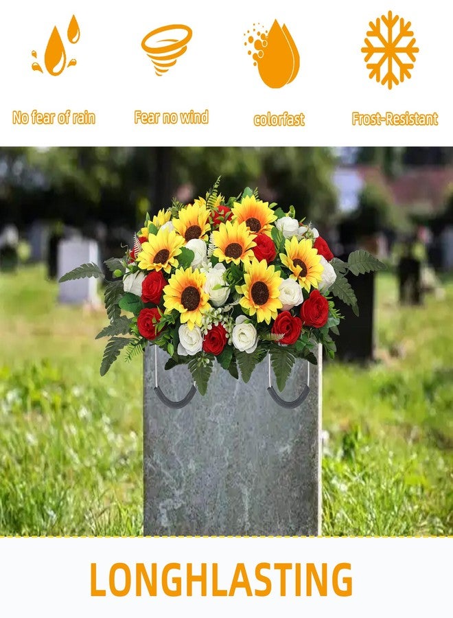 زهور اصطناعية للمقابر من لودو، زينة شواهد قبور على شكل سرج، سرج زهور كبير لشاهد القبر، زهور تذكارية من الورد وعباد الشمس (أحمر وأبيض) - Image 5