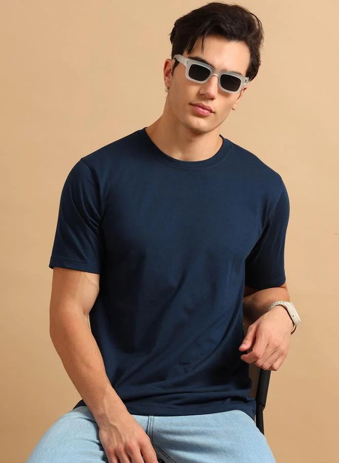 Bushirt Solid Round Neck Short Sleeve T-Shirt by Styli