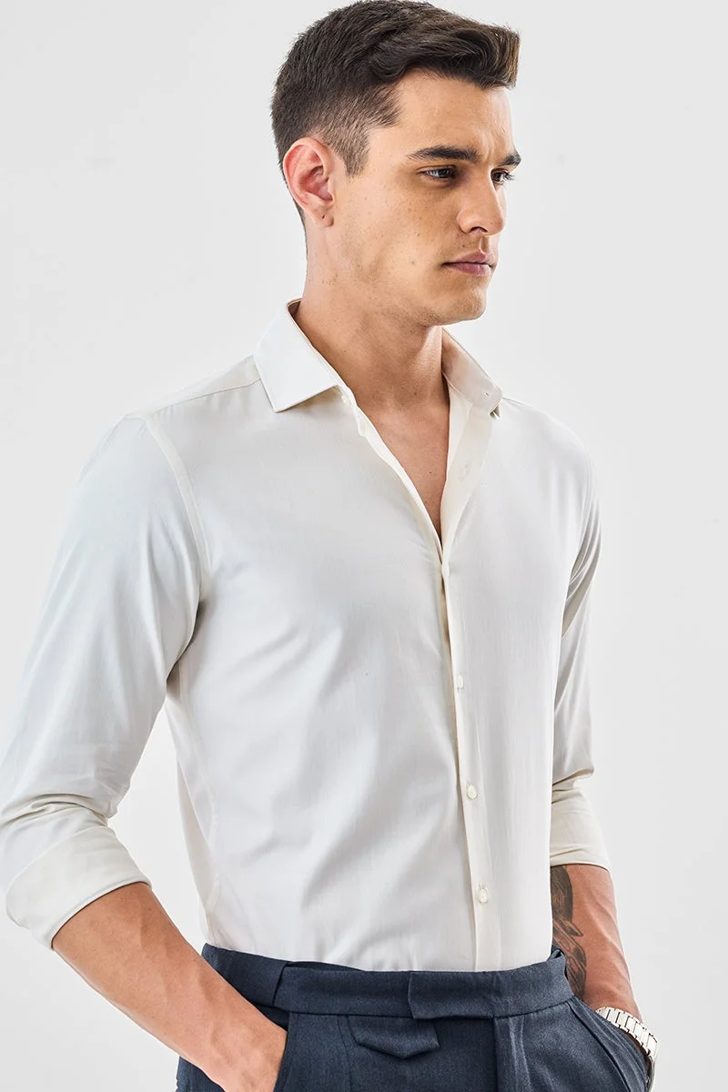 سنيتش Cream Textured Long Sleeve Slim Fit Formal Luxe Shirt