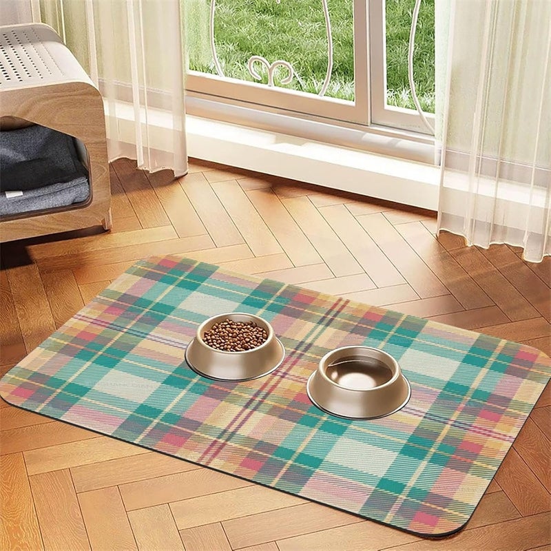 Pet Feeding Mat for Dogs Cats Tartan Texture Beautiful Colors Absorbent Dog Food Mat Non-Slip Waterproof Placemat Quick Dry Pet Supplies Bowl Mats 18X12In - Image 1