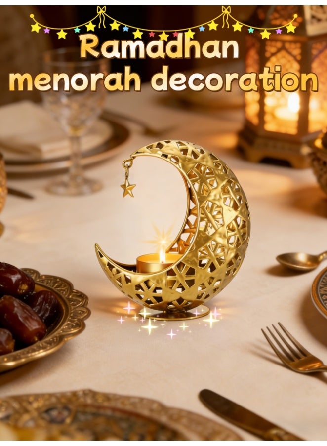 Gold Moon Shaped Candlestick Ornament with Stars, Creative Crescents Tealight Holder, Romantic and Reduce Stress Art Candle Holder for Eid, Wedding, Church, Table Centerpiece Decoration (ZYZT-07C) - Image 1