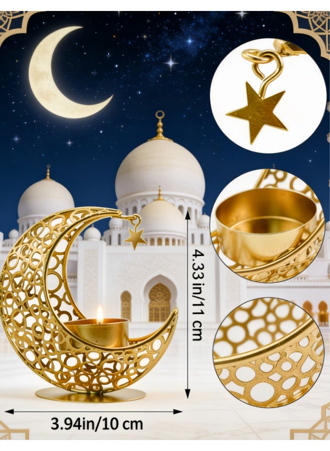 Gold Moon Shaped Candlestick Ornament with Stars, Creative Crescents Tealight Holder, Romantic and Reduce Stress Art Candle Holder for Eid, Wedding, Church, Table Centerpiece Decoration (ZYZT-07C) - Image 3