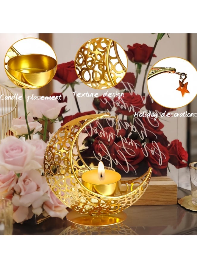 Gold Moon Shaped Candlestick Ornament with Stars, Creative Crescents Tealight Holder, Romantic and Reduce Stress Art Candle Holder for Eid, Wedding, Church, Table Centerpiece Decoration (ZYZT-07C) - Image 4