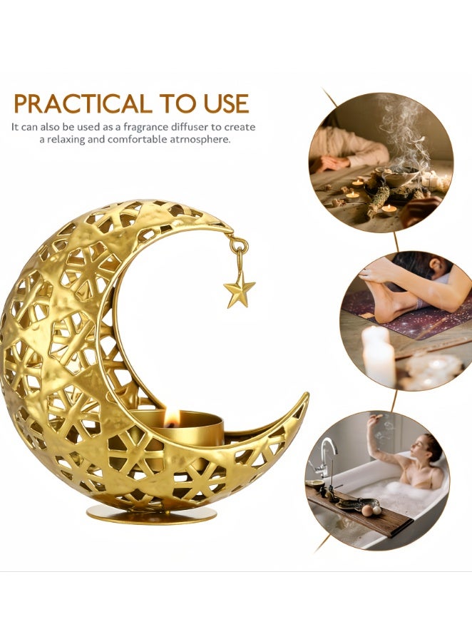 Gold Moon Shaped Candlestick Ornament with Stars, Creative Crescents Tealight Holder, Romantic and Reduce Stress Art Candle Holder for Eid, Wedding, Church, Table Centerpiece Decoration (ZYZT-07C) - Image 5