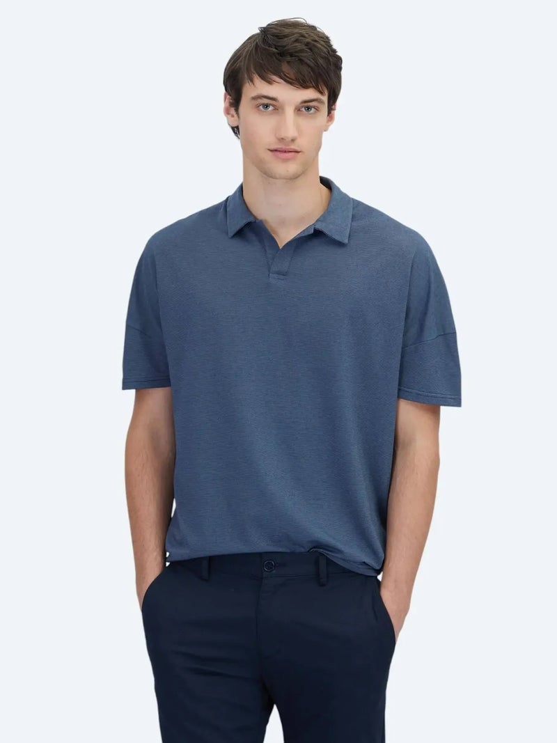 Kip Navy Blue Polo Neck Cotton Blended T-Shirt - Image 1
