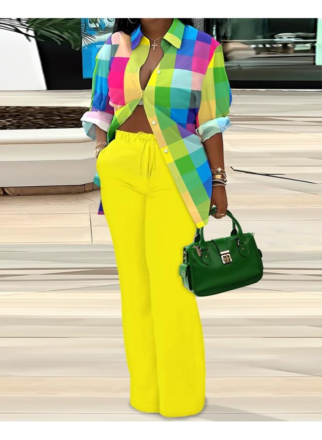 European And American Women's Fall/winter New Long Sleeve Shirt Printed Pants Two-piece Suit 