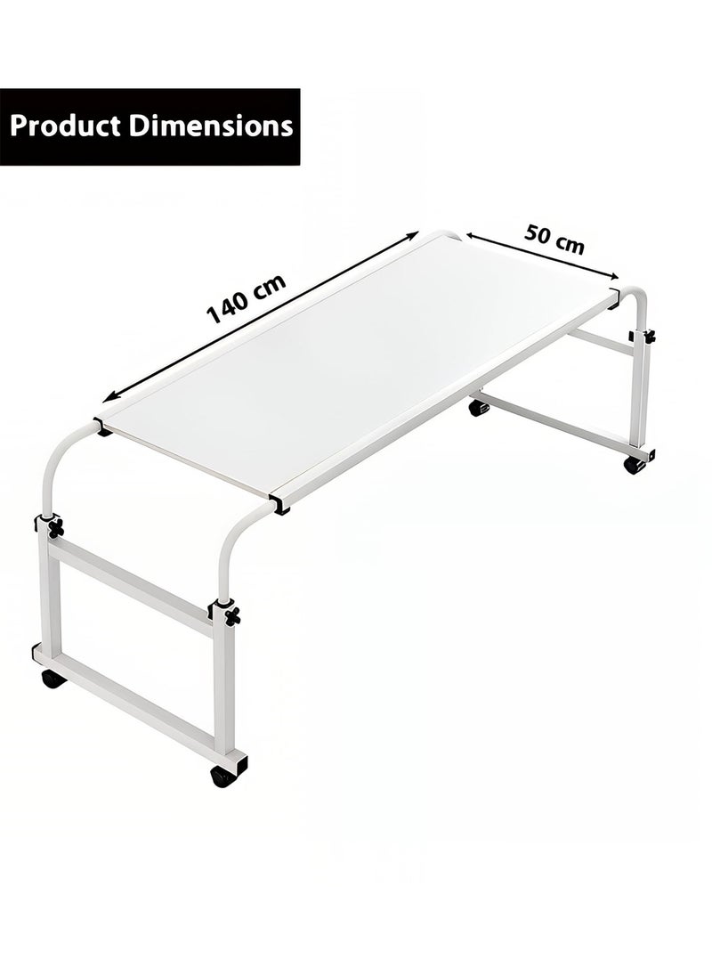 Taimi - Over Bed Table with Wheels, Height Adjustable Laptop Table, Computer Desk for Home Bedroom Living Room White 140x50cm - Image 1