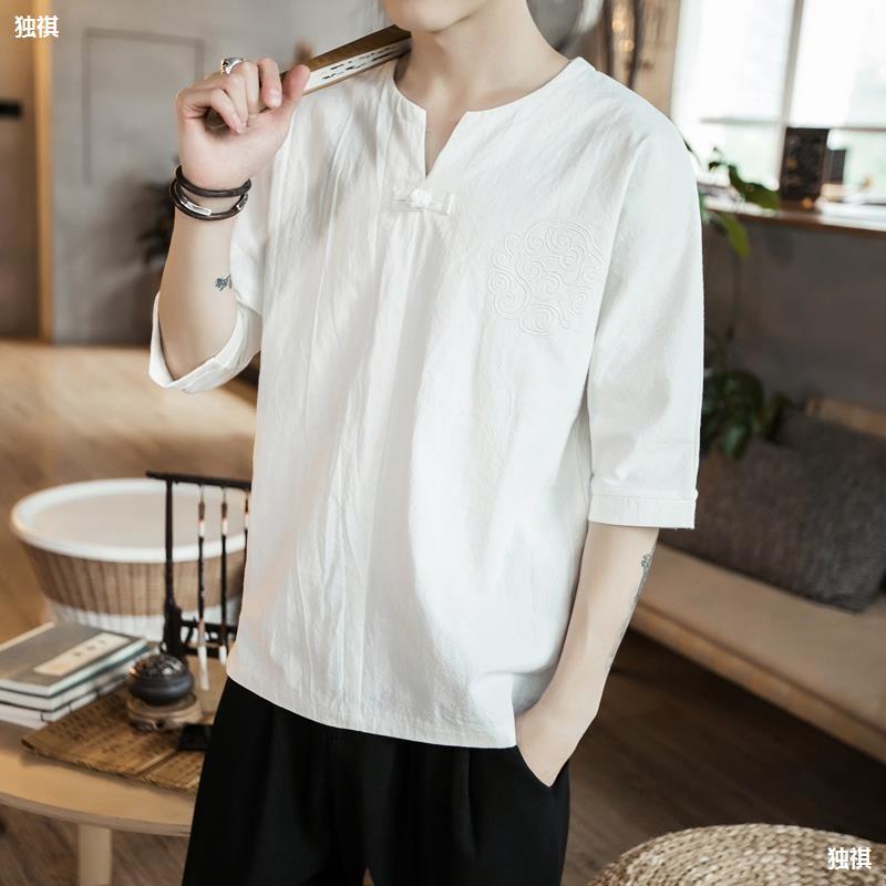 Chinese Style T-Shirt Men'S Short-Sleeved Half-Sleeve Summer Men'S Loose T-Shirt Cotton And Linen Material Hanfu Embroidered Linen Half-Sleeve Fashionable Style - Image 5