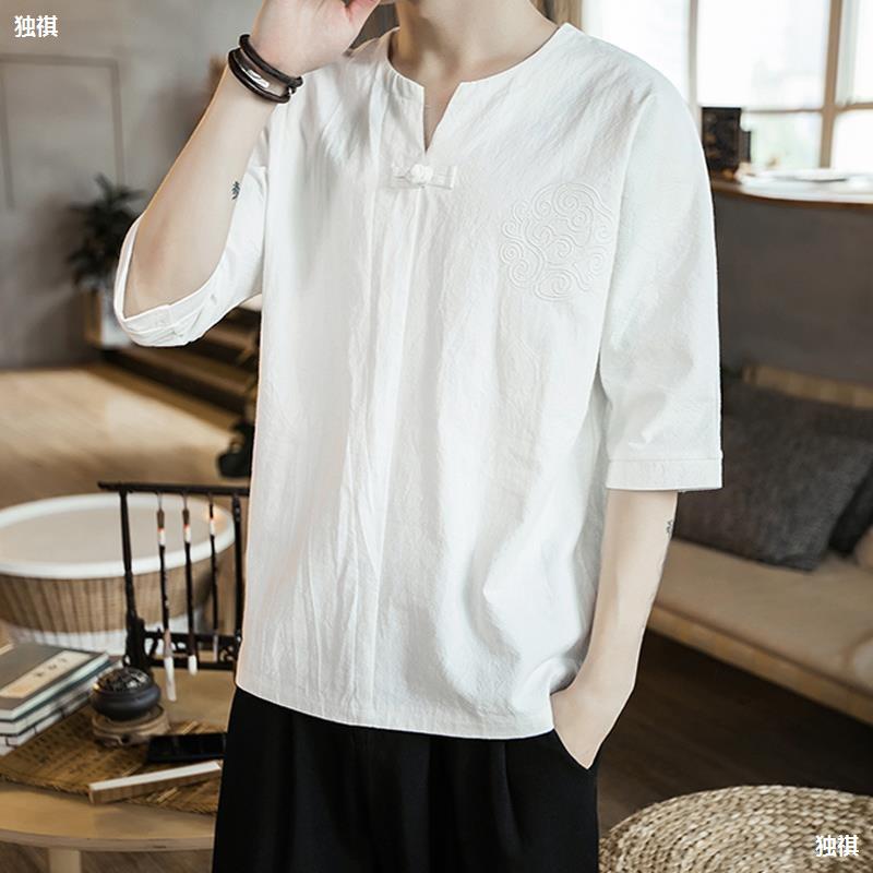 Chinese Style T-Shirt Men'S Short-Sleeved Half-Sleeve Summer Men'S Loose T-Shirt Cotton And Linen Material Hanfu Embroidered Linen Half-Sleeve Fashionable Style - Image 2