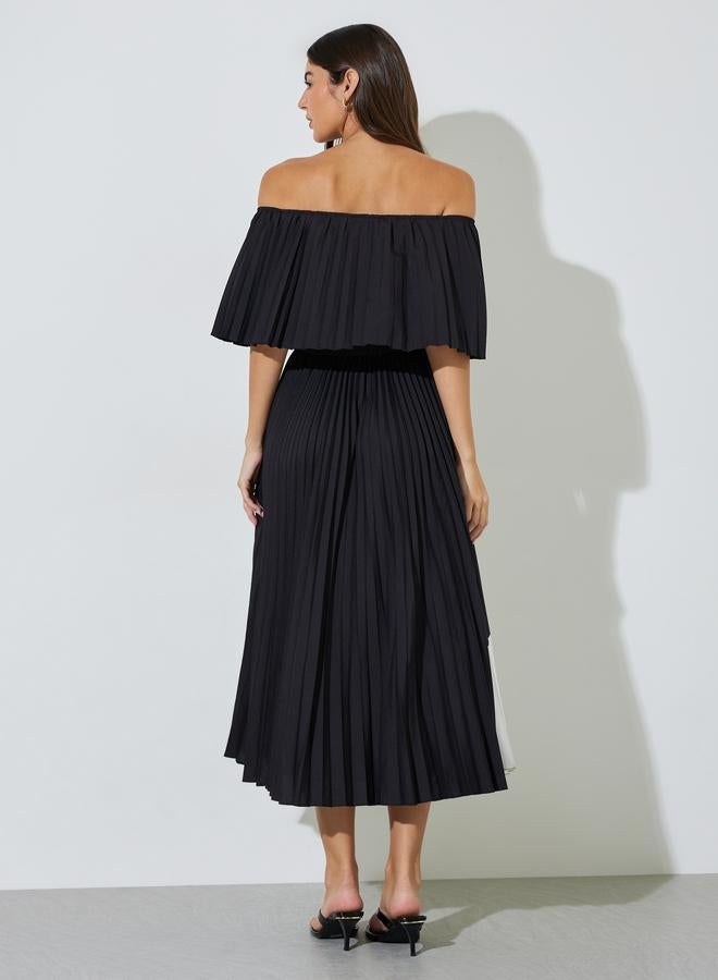 Styli Black Color Block Pleated Off Shoulder Neck A-Line Midi Dress - Image 4