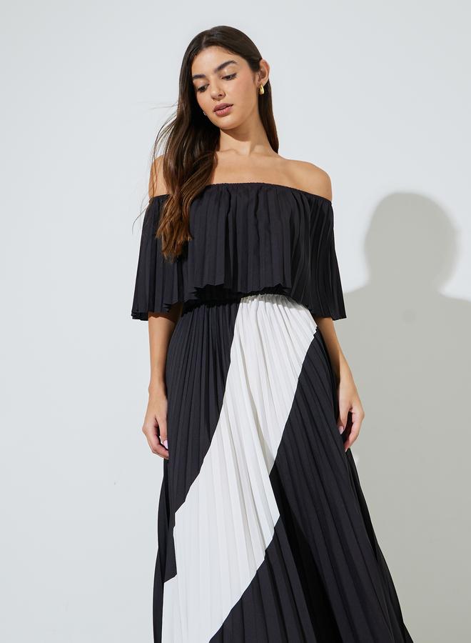 Styli Black Color Block Pleated Off Shoulder Neck A-Line Midi Dress - Image 2