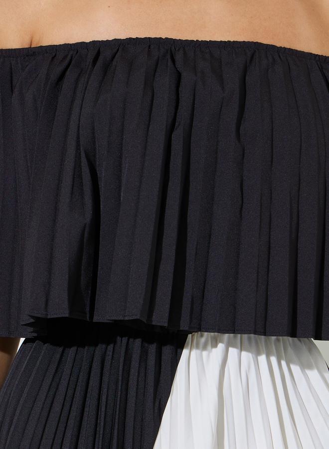Styli Black Color Block Pleated Off Shoulder Neck A-Line Midi Dress - Image 3
