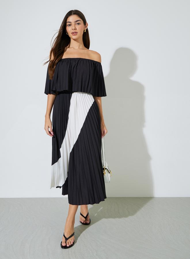 Styli Black Color Block Pleated Off Shoulder Neck A-Line Midi Dress - Image 1