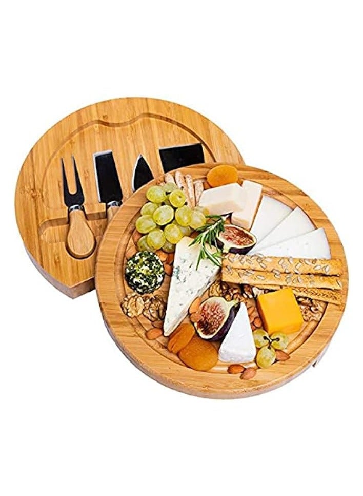 erorex Round Bamboo Cheese Board and Knife Set, Meat Charcuterie Platter Serving Tray, Perfect Choice for Christmas Wedding Birthday Party Anniversary  - Image 1