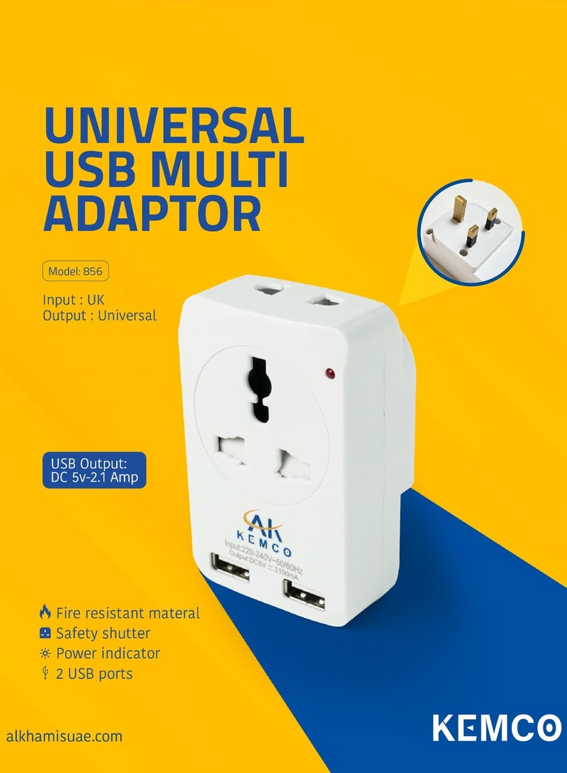 AK KEMCO Kemco 3 Way Universal Multiplug Multi Adaptor Socket With 2 USB ports (2.1 amp) AK-856 - Image 1