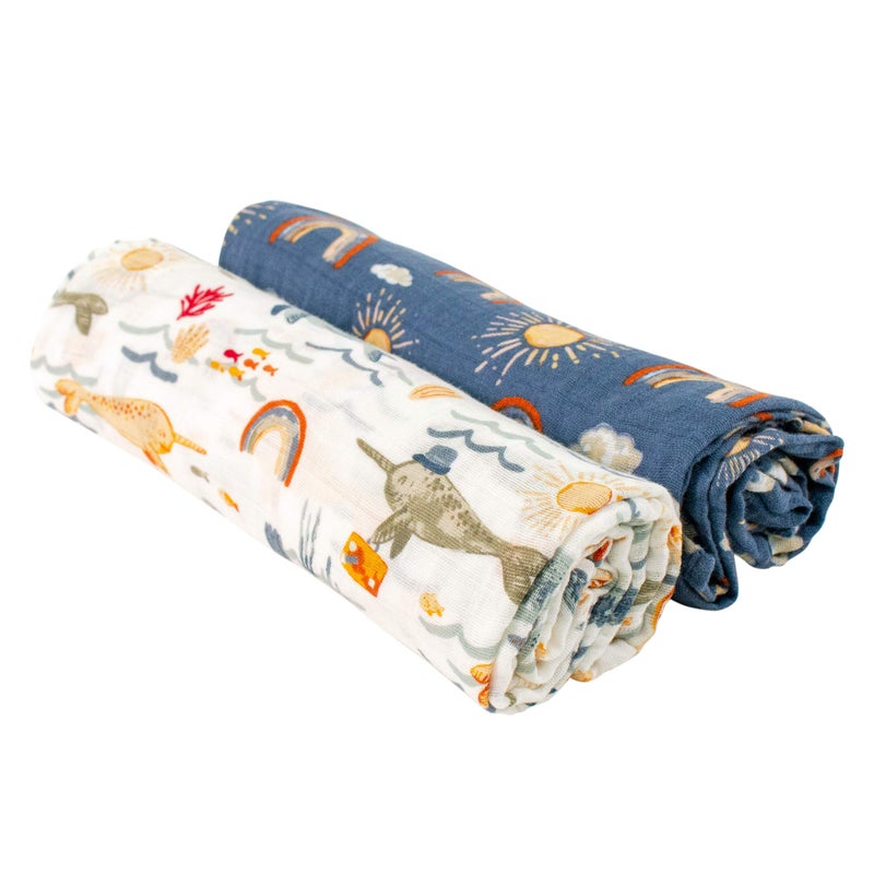 Bebe au Lait Bebe au Lait Classic Muslin Swaddle Blankets Narwhal and Hello Sunshine