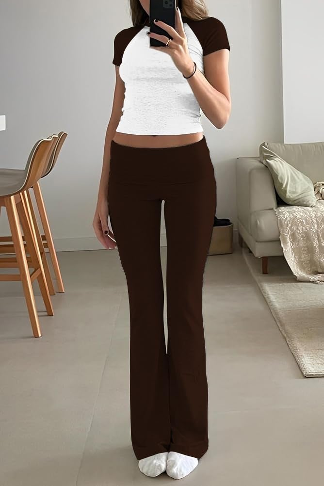 ZFLM Casual Workout Two Piece Outfits for Women Short Sleeve Crop High Waist Foldover Flare Pants Tracksuit Sets Streetwear - Image 4