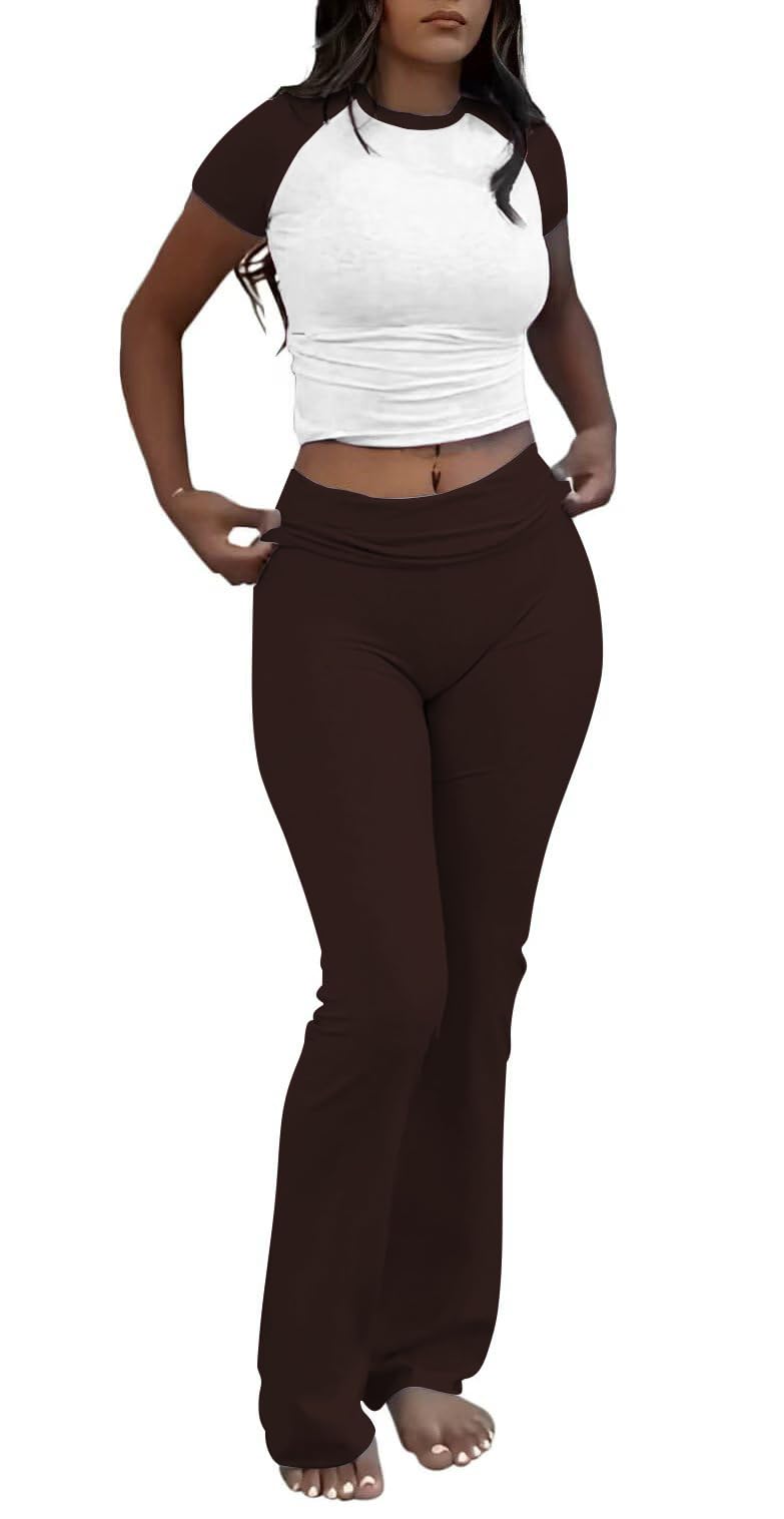 ZFLM Casual Workout Two Piece Outfits for Women Short Sleeve Crop High Waist Foldover Flare Pants Tracksuit Sets Streetwear - Image 1