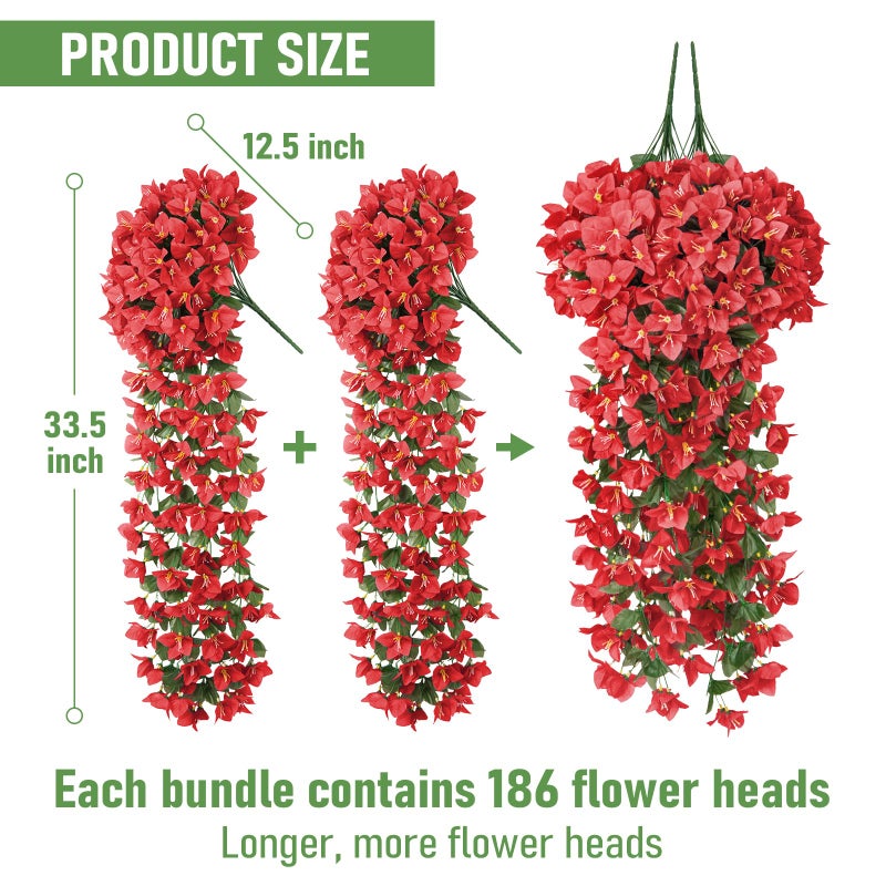 ATTGREAT Artificial Flowers for Outdoor Faux Bougainvillea Plants UV Resistant Fake Hanging Plants Realistic Silk Flowers for Porch Planter Garden Outside Spring Decoration, 2Pcs (Red) - Image 2
