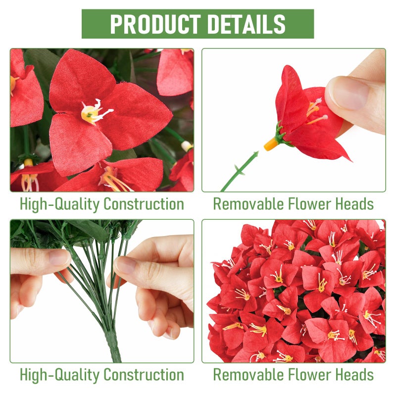 ATTGREAT Artificial Flowers for Outdoor Faux Bougainvillea Plants UV Resistant Fake Hanging Plants Realistic Silk Flowers for Porch Planter Garden Outside Spring Decoration, 2Pcs (Red) - Image 4