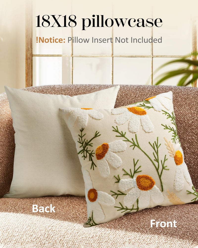 Kokaaee Embroidered Throw Pillow Cover - 18x18 Decorative Pillow Cover with Zipper Aesthetic Cute Design Boho Spring Summer Cozy Throw Pillowcase for Living Room Couch Sofa Bed, White Daisy - Image 4