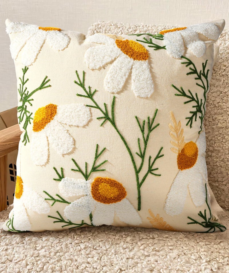 Kokaaee Embroidered Throw Pillow Cover - 18x18 Decorative Pillow Cover with Zipper Aesthetic Cute Design Boho Spring Summer Cozy Throw Pillowcase for Living Room Couch Sofa Bed, White Daisy - Image 1