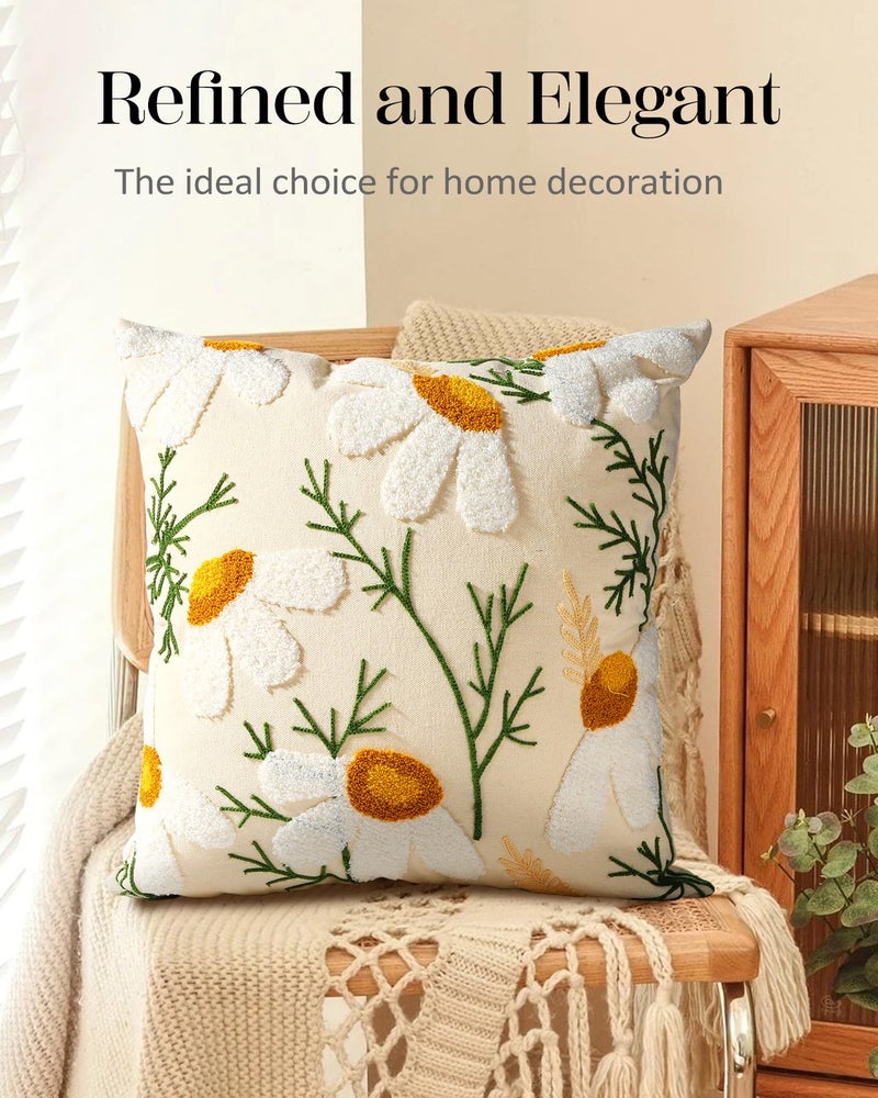 Kokaaee Embroidered Throw Pillow Cover - 18x18 Decorative Pillow Cover with Zipper Aesthetic Cute Design Boho Spring Summer Cozy Throw Pillowcase for Living Room Couch Sofa Bed, White Daisy - Image 5