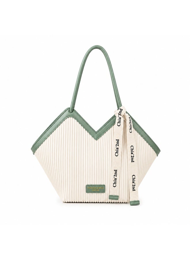 Havnor V-Shaped Pleated Tote Bag for Women with Zipper Closure, Detachable Ribbon Accent - Image 1