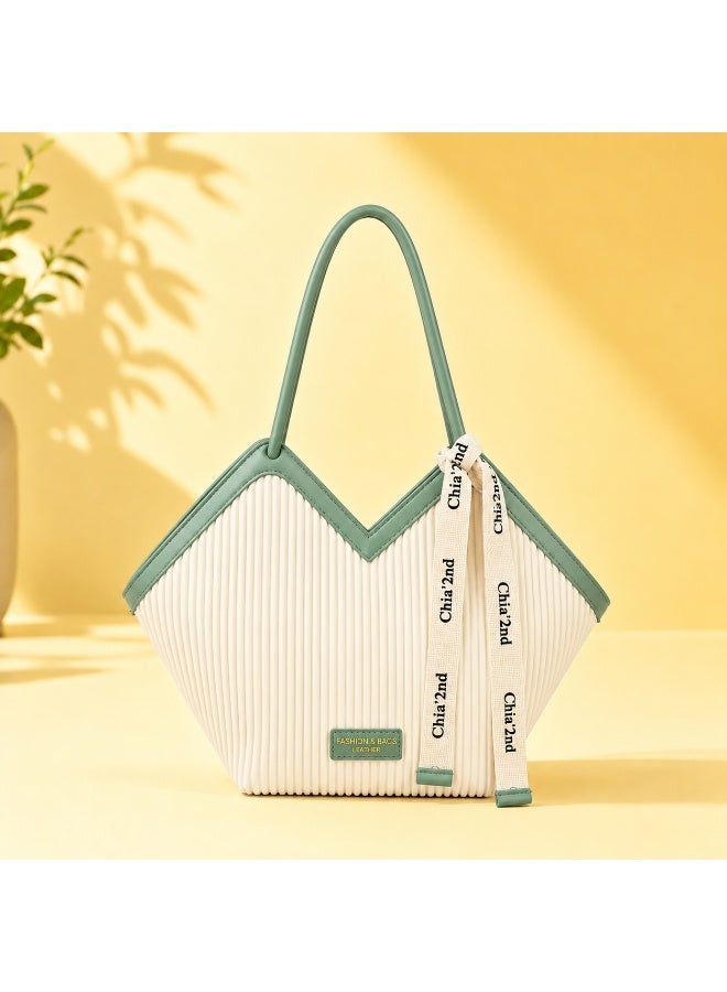 Havnor V-Shaped Pleated Tote Bag for Women with Zipper Closure, Detachable Ribbon Accent - Image 2