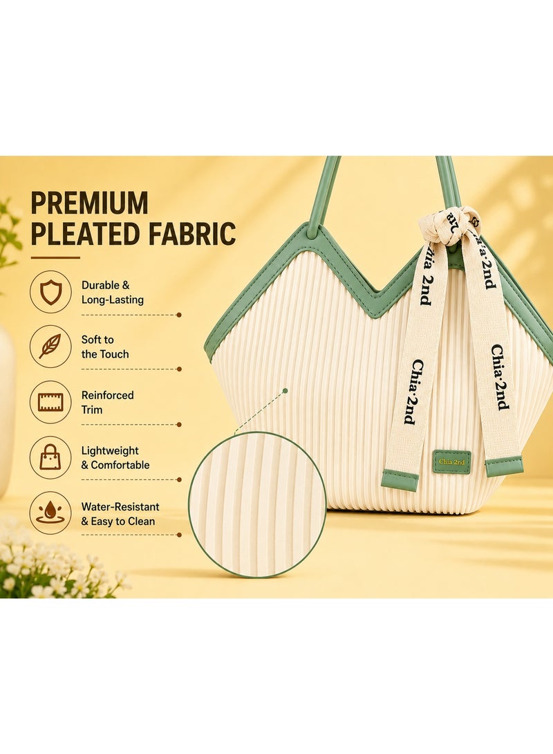 Havnor V-Shaped Pleated Tote Bag for Women with Zipper Closure, Detachable Ribbon Accent - Image 3