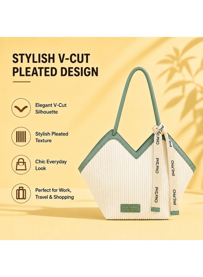 Havnor V-Shaped Pleated Tote Bag for Women with Zipper Closure, Detachable Ribbon Accent - Image 5