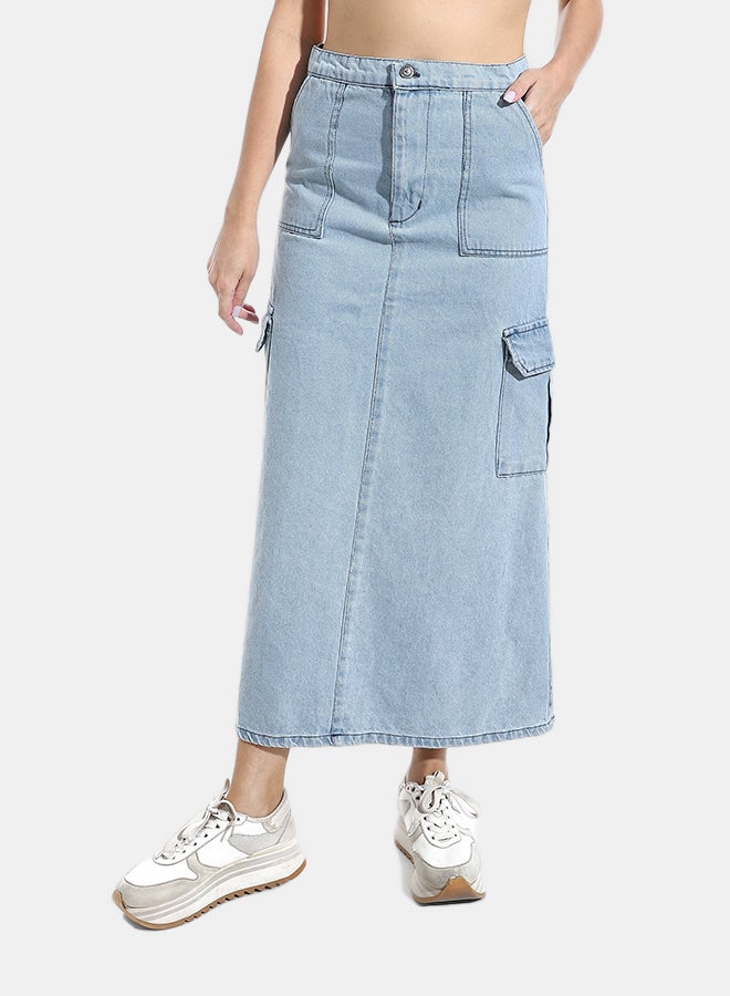 Andora Maxi Slim One Button Closure Denim Skirt_Light Blue - Image 1