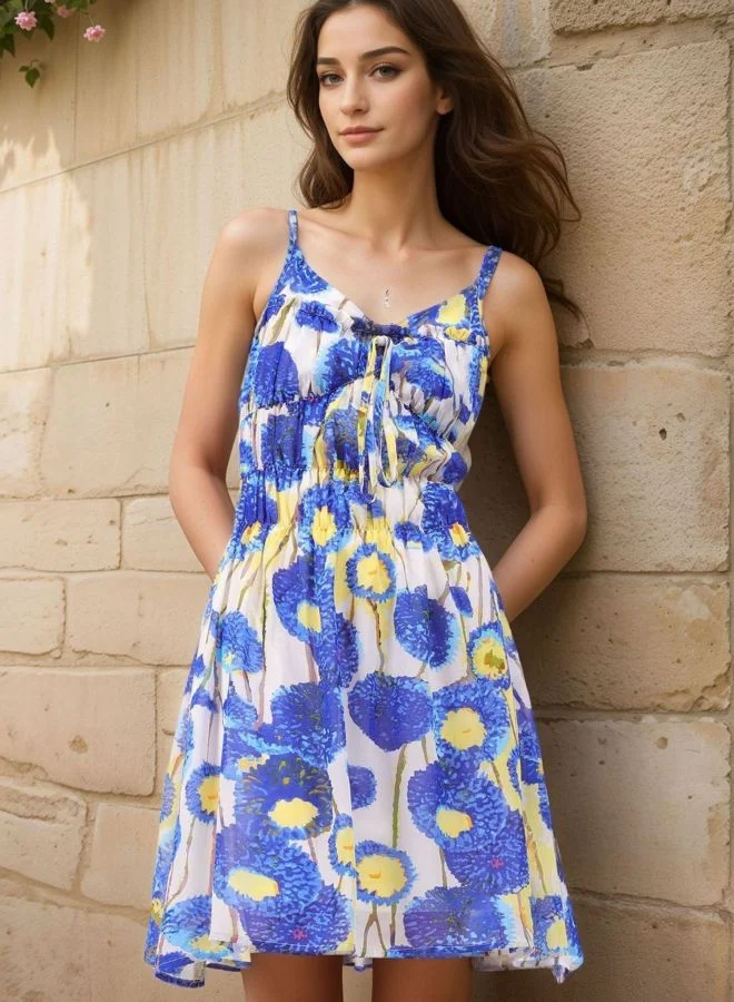 Women Fit and Flared Floral Printed V-Neck Sleeveless Ruffle Dress